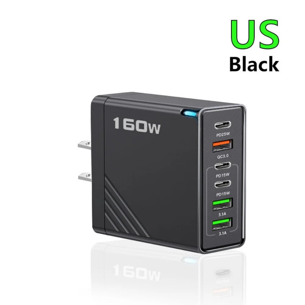 160W USB-C Multi-Port Fast Wall Charger | iPhone & Android USB-C Wall Charger Zpaxo US Black