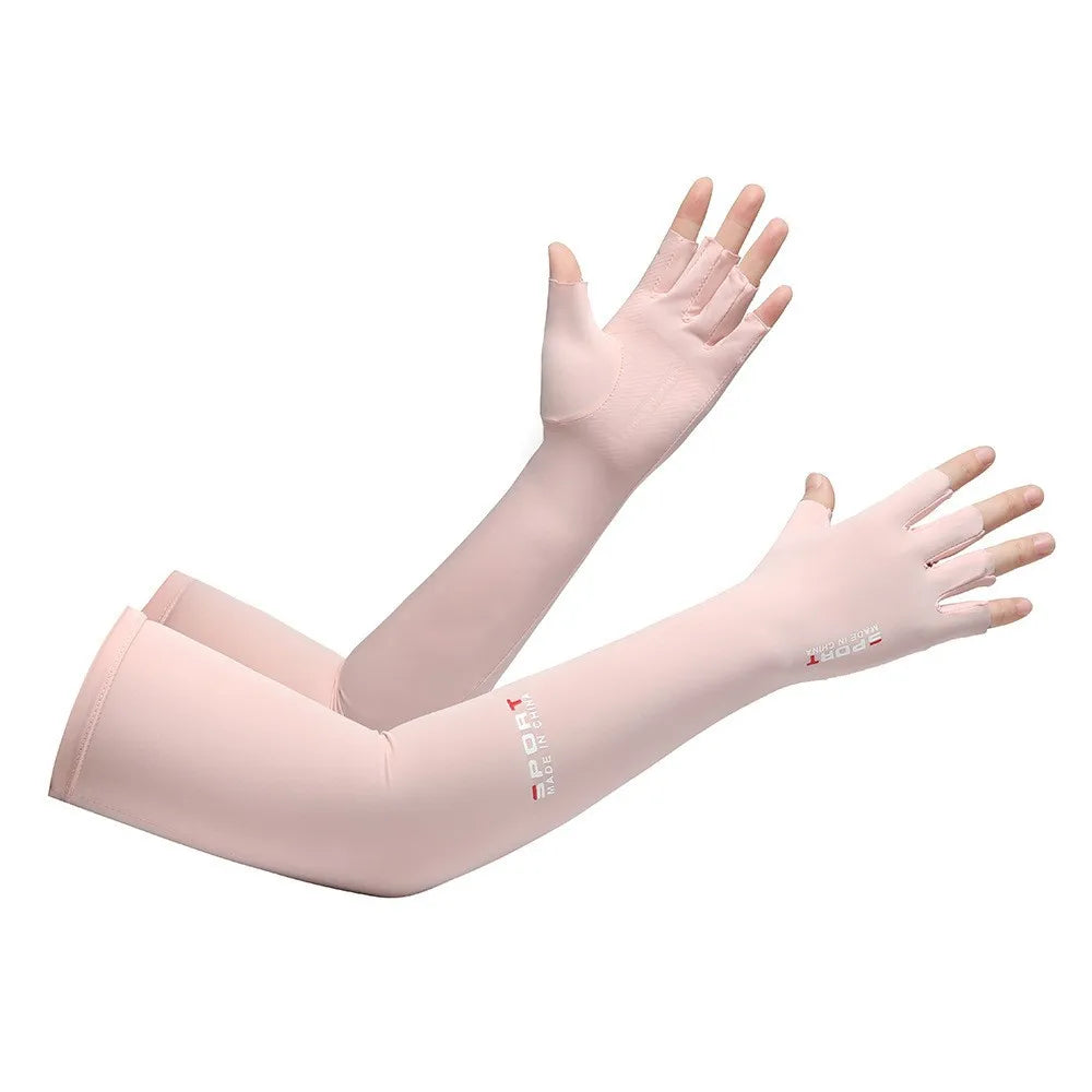 Sunscreen gloves summer ice silk anti UV half finger sleeves men's and women's fishing extended Zpaxo Pink sleeve cover