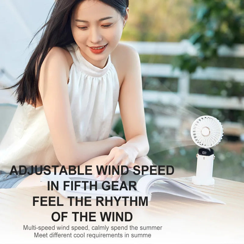 Mini Handheld Fan 5 Speeds USB Charging Hanging Neck Fan LED Digital Display For Outdoor Sport Student Office Desk Small Fan Zpaxo