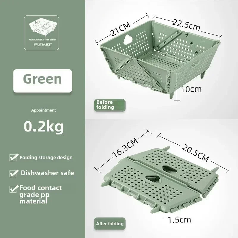 Hot Drain Basket, Fruit Basket, Foldable Plastic, Large Capacity, Raised Tiptoe, Household Kitchen, Vegetable Washing Basket Zpaxo Green