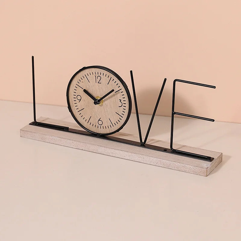 Nordic LOVE HOME Wrought Iron Wooden Table Clock Modern Letter Desk