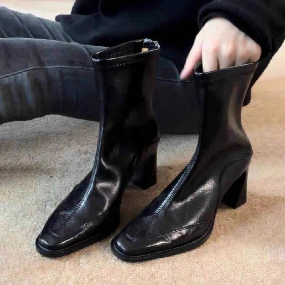 Autumn Vintage Elastic Slim Women Ankle Boots Fashion Soft Leather Zpaxo 39 black