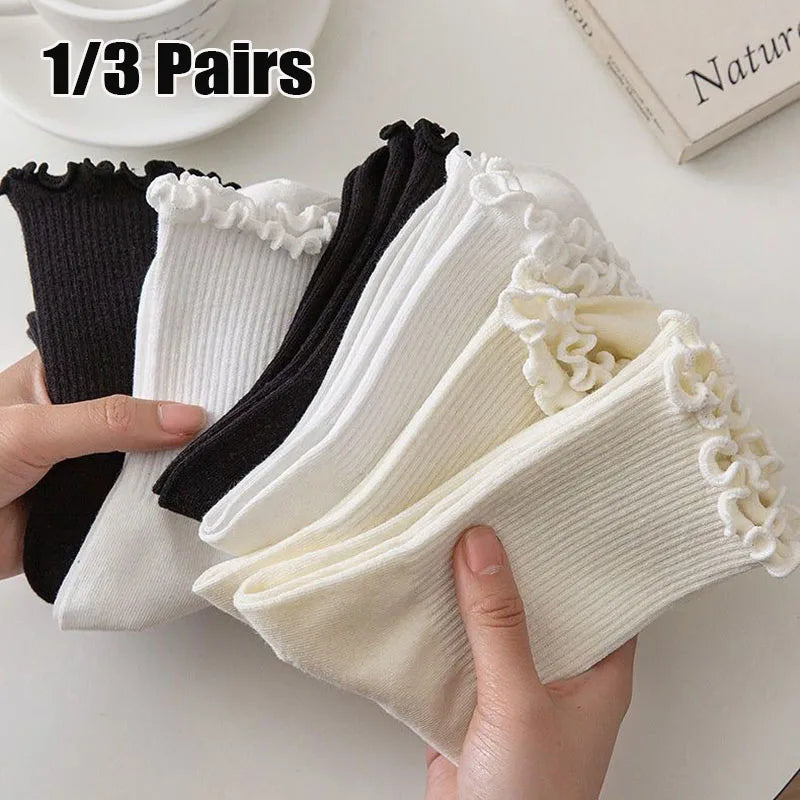 1 3pairs Ruffle Socks Women Mid Crew Middles Tube Ankle Breathable