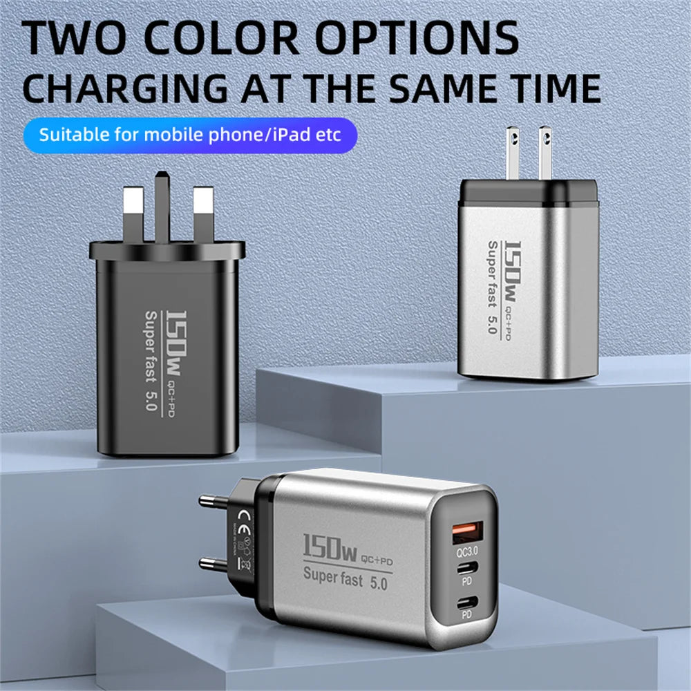 3-in-1 USB-C 150W Fast Wall Charger – EU/UK/US Plug USB-C Wall Charger Zpaxo