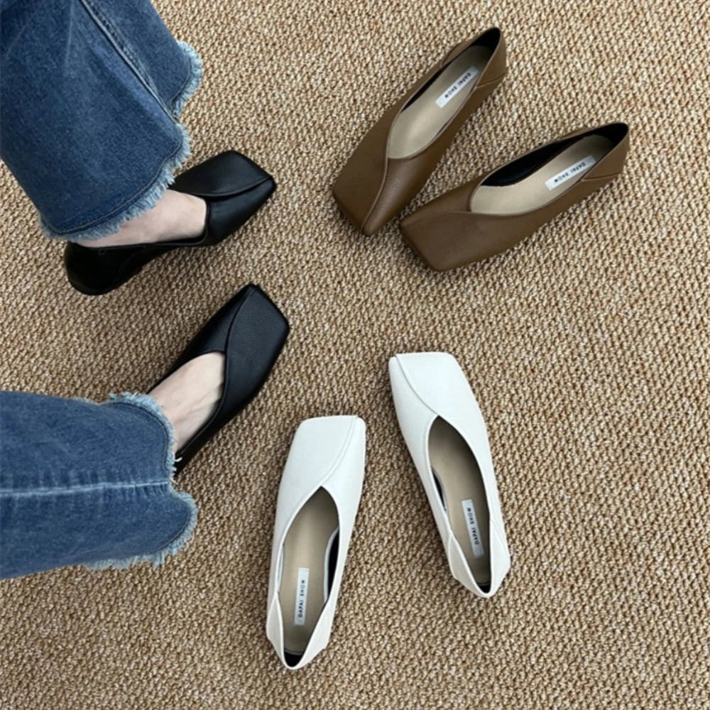 2025 Spring Women Flat Shoes Fashion Square Toe Shallow Slip Ladies