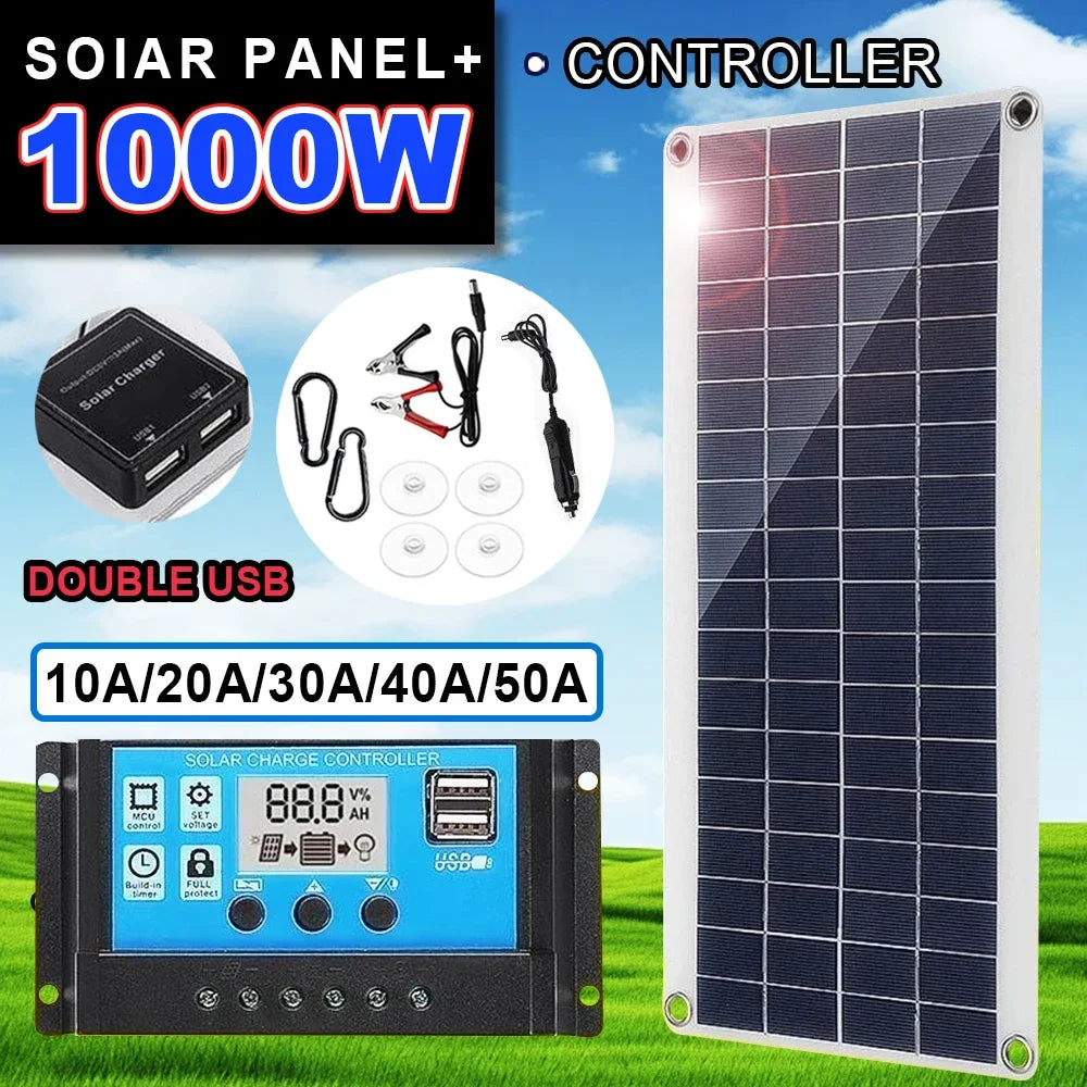 1000W Solar Panel 12V Solar Cell 10A-100A Controller Solar Plate Kit for Phone RV Car Caravan Home Camping Outdoor Battery Zpaxo