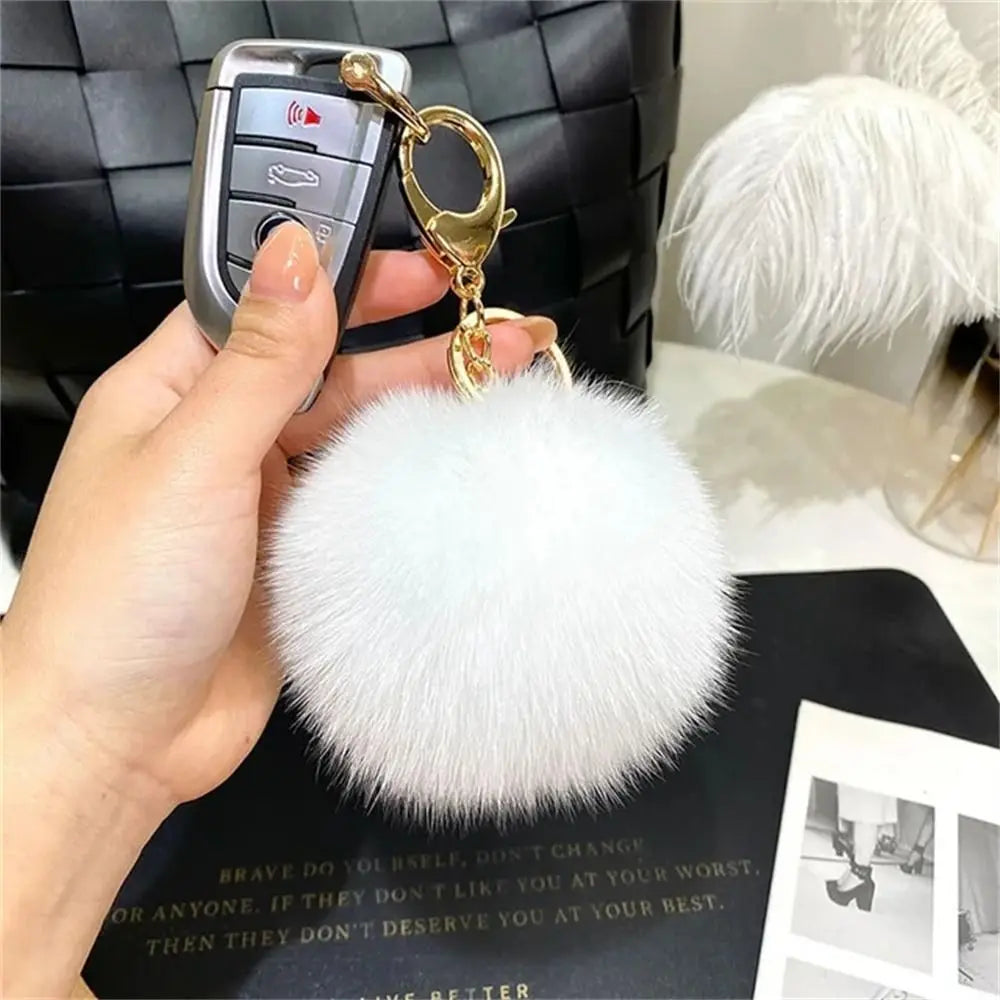 Fluffy Soft Pompom Ball Keychain Bag Ornament Hanging Decoration Fur Ball Keyring Backpack Bag Charm Fur Pendant Jewelry Gifts Zpaxo White