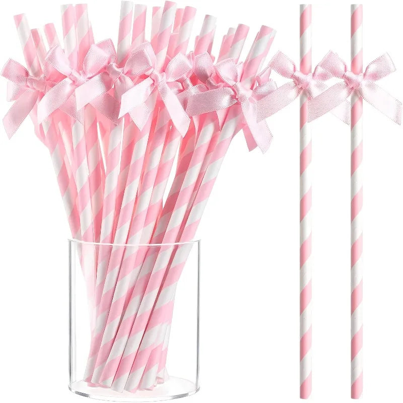 Pink Striped Bow Paper Straws Ribbon Labels Disposable Party Drinking