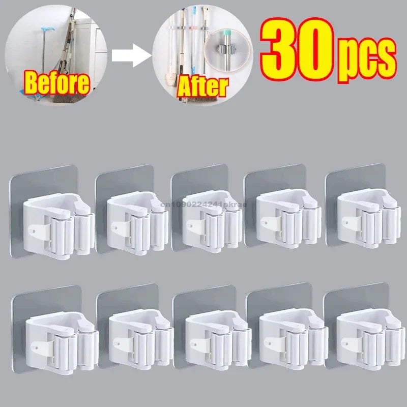 Household Bathroom Non Perforated Mop Holder, Broom Holder, and Card Holder Self-adhesive Mop Holder Kitchen Accessories Zpaxo 30pcs-White