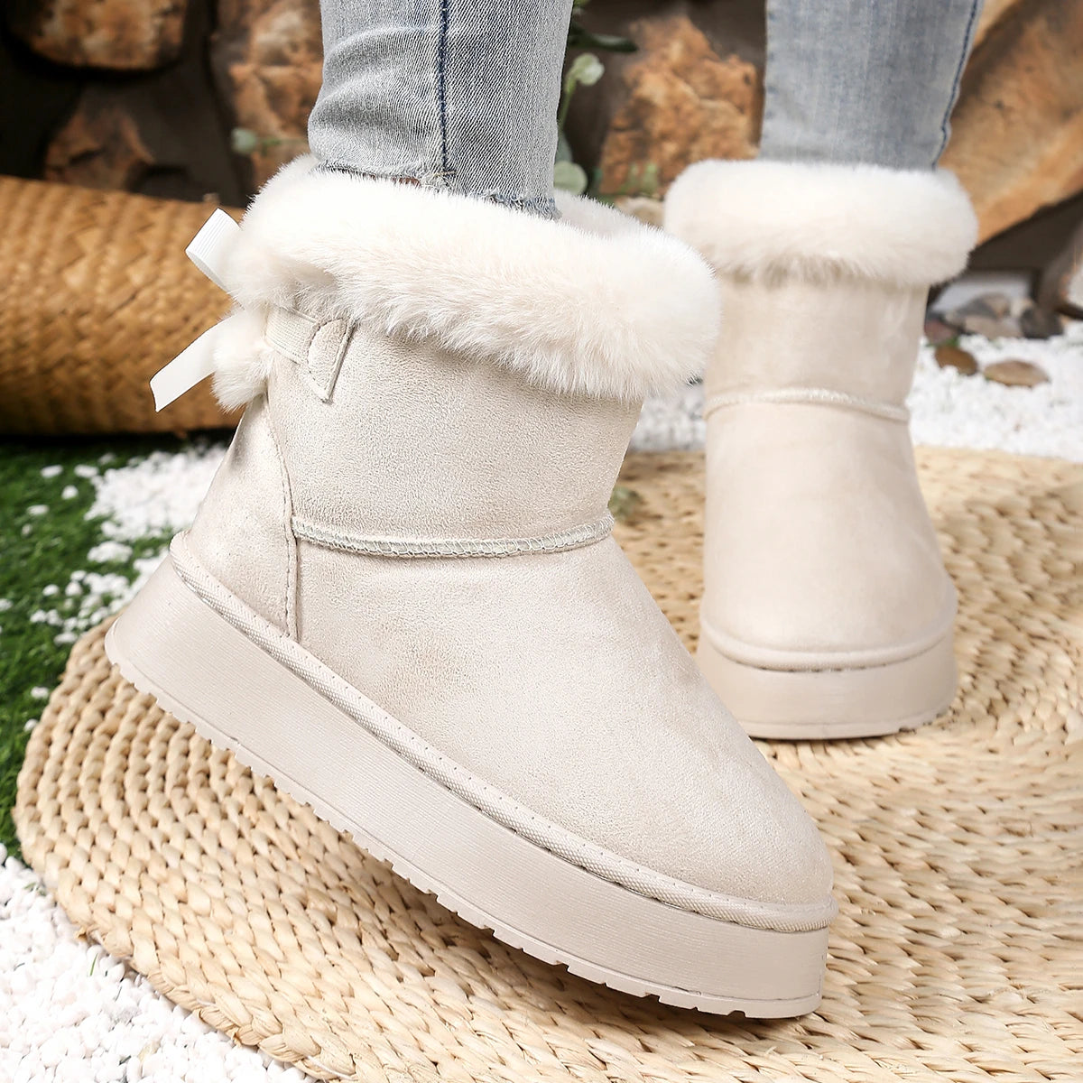 2025 Women Ankle Boots Butterfly Knot Fur Warm Short Boots Comfortable Luxury Women Shoes Winter Thick Bottom Snow Boots Women Zpaxo