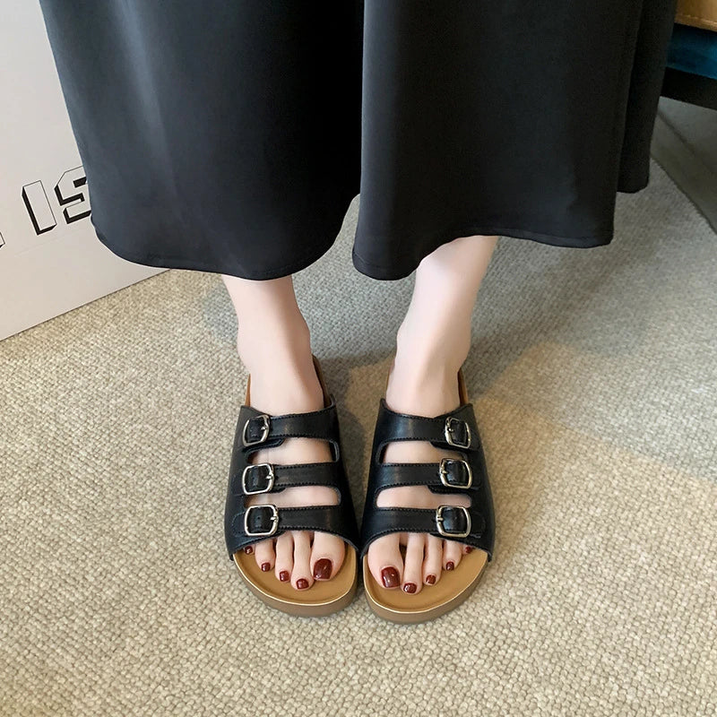 Womens Silver Three Buckle Strap Slide Sandals Open Toe Flat Slippers Zpaxo