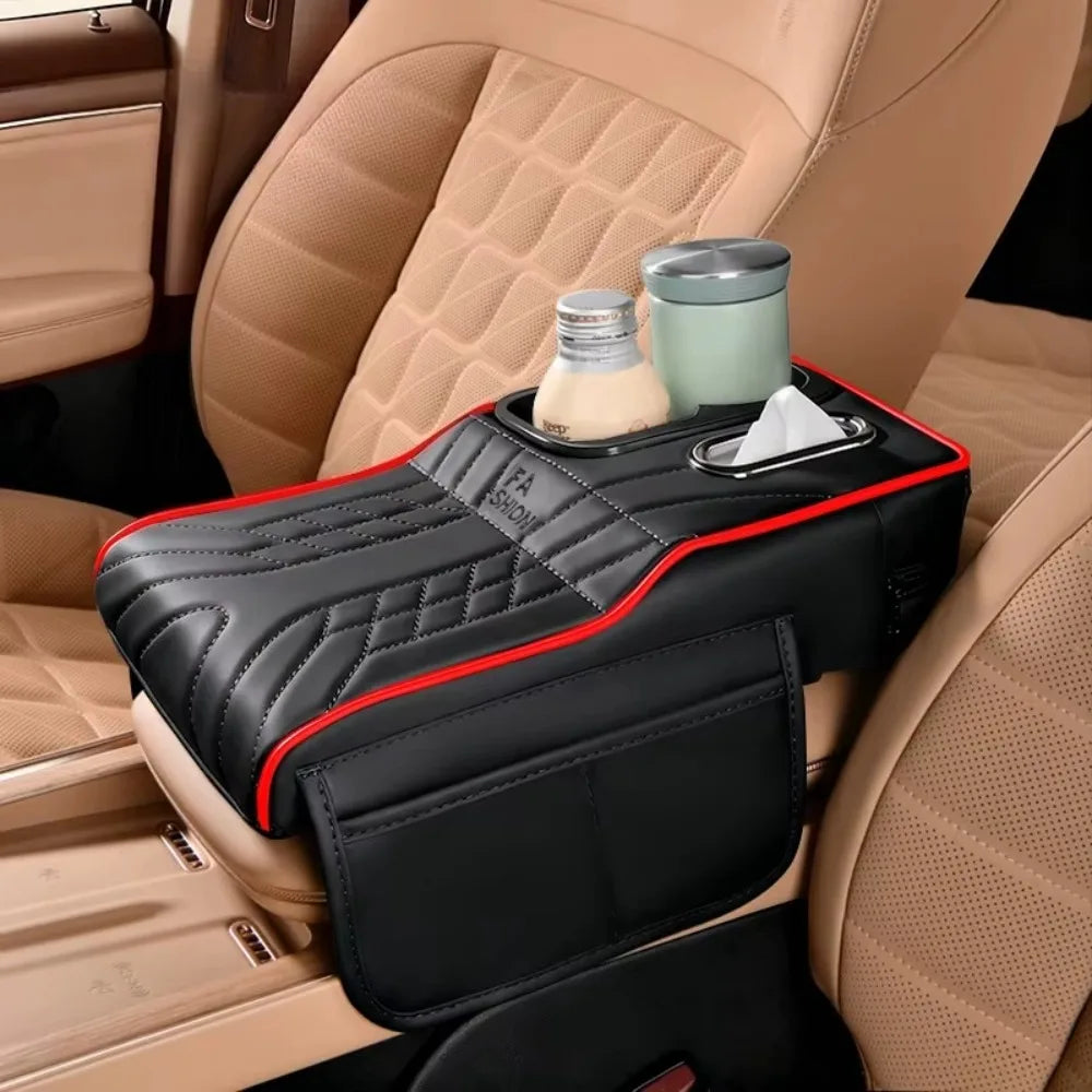 PU Leather Car Armrest Box Height Increase 2 Cup Holder Vehicle Armrest Cushion Comfortable Console Organizer Zpaxo Black Red