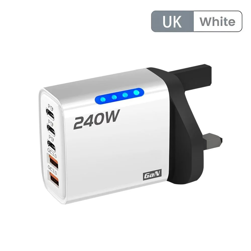 240W 5-Port Fast Charger – USB-C PD & QC 3.0 Wall Adapter Multi-Port Wall Charger Zpaxo UK White