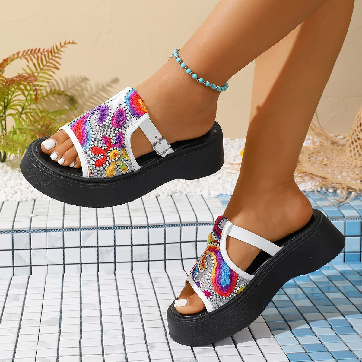 Women Slippers Fashion Flowers Non-Slip SandalsMix Color Chunky Platform Slippers Women Thick Bottom Casual Shoes Slides Women Zpaxo WHITE 37