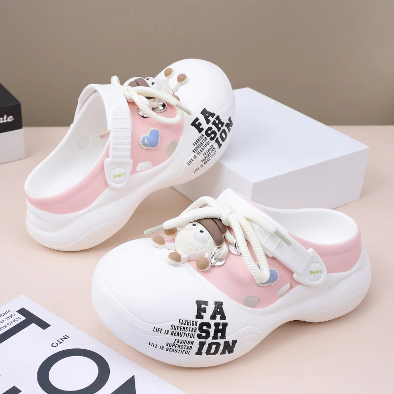 Women's 2025 EVA Platform Clogs Closed-toe Lace-up Beach Sandals Zpaxo pink And white 39-40