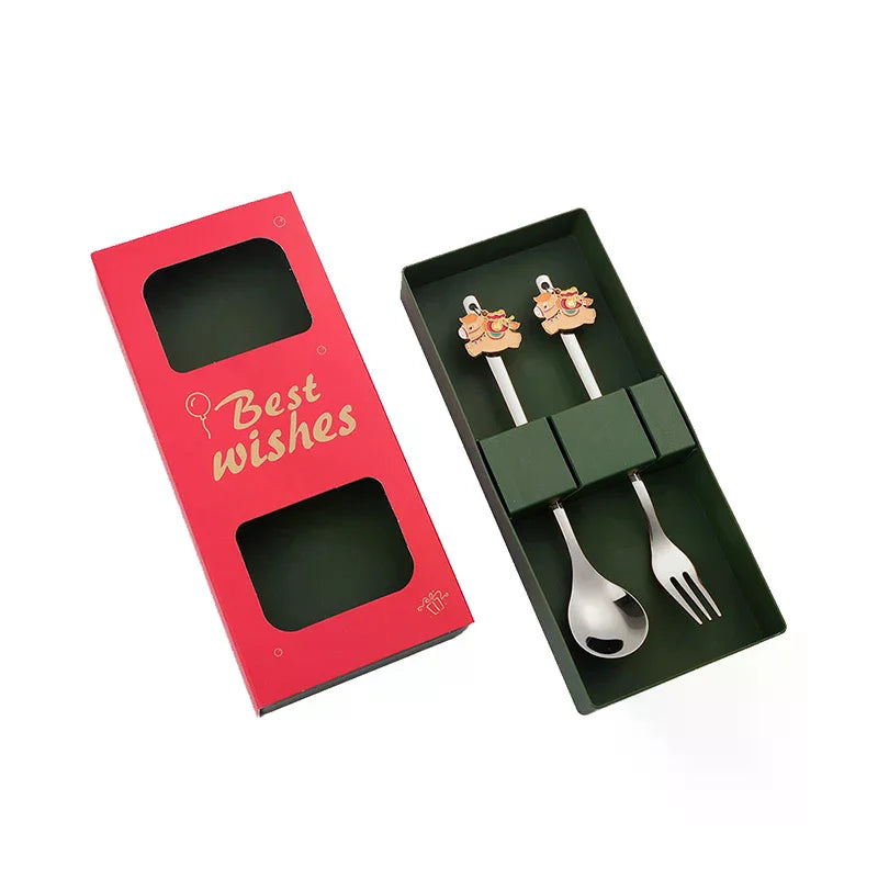 Chinese New Year Themed Cutlery Set Stainless Steel Creative Cartoon Year Of The Horse Fork Spoon 2/4/6pcs Holiday Gift Cutlery Zpaxo