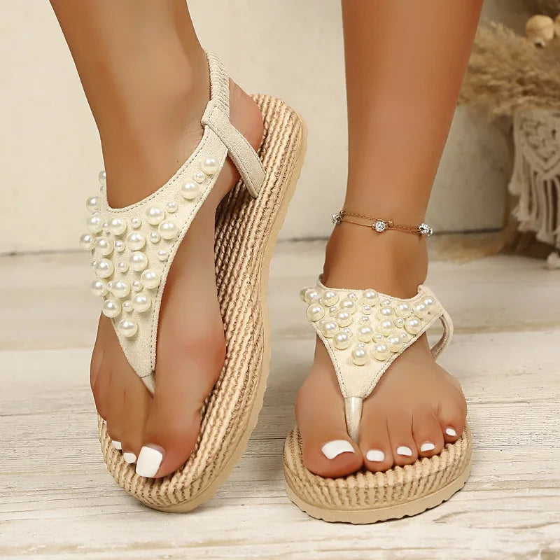 Women's Fish Mouth Clip-toe Pearl Embellishment Sandals Women Vintage Zpaxo