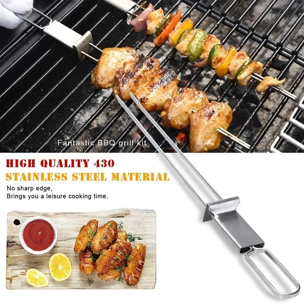 Stainless Steel BBQ Skewer Fork – Double Pin with Push Plate BBQ Skewer Fork Zpaxo