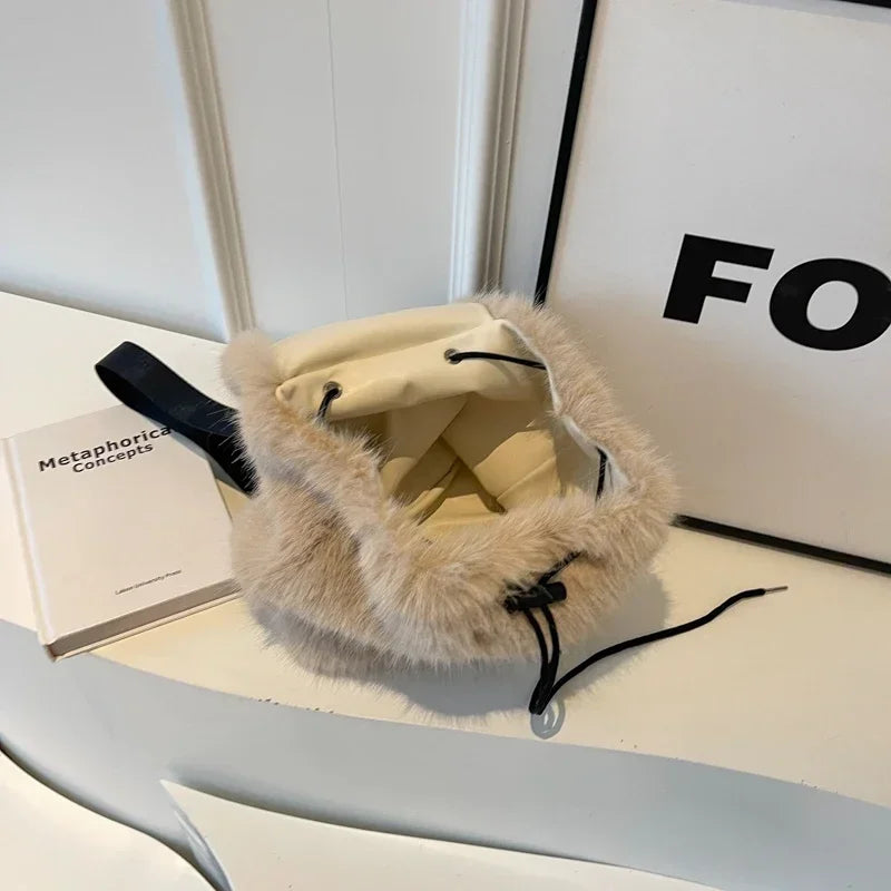 Design Faux Fox Fur Backpack Women Drawstring Flap Magnetic Closure