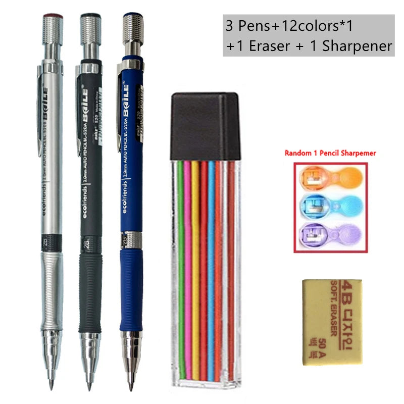 2mm Mechanical Pencil Set with Color/Black Lead Art Drawing Design Automatic Pencil Writing Student Office School Stationery Kit Zpaxo Color Pencil set A