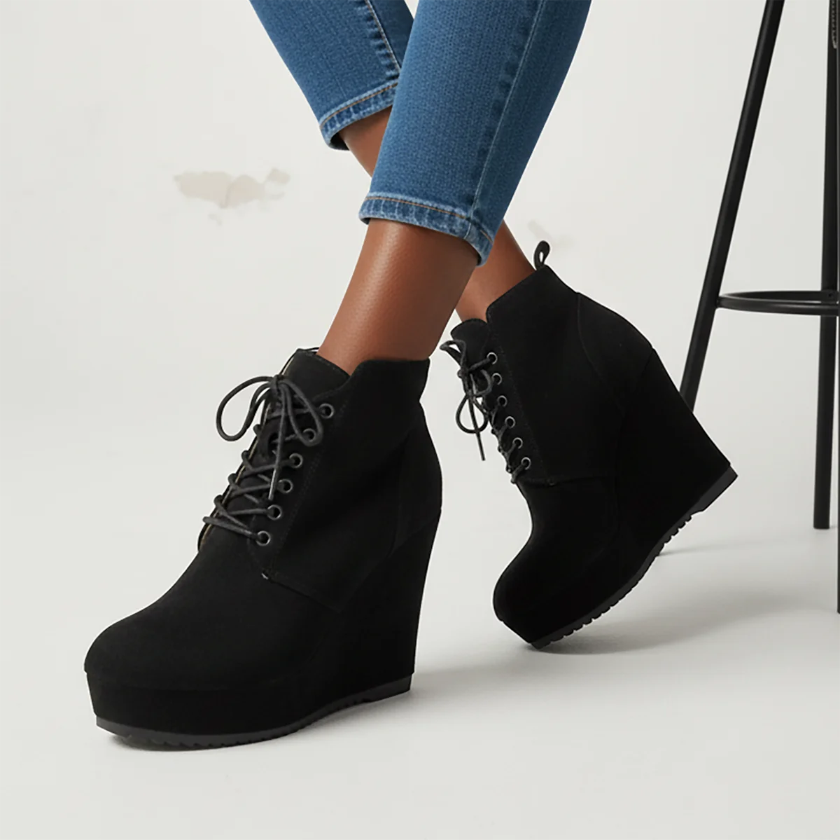 2025 New Women Boots Plus Size Chunky Platform Ankle Boots Woman Autumn Winter Booties Fashion Lace Up Wedge Shoes for Women Zpaxo