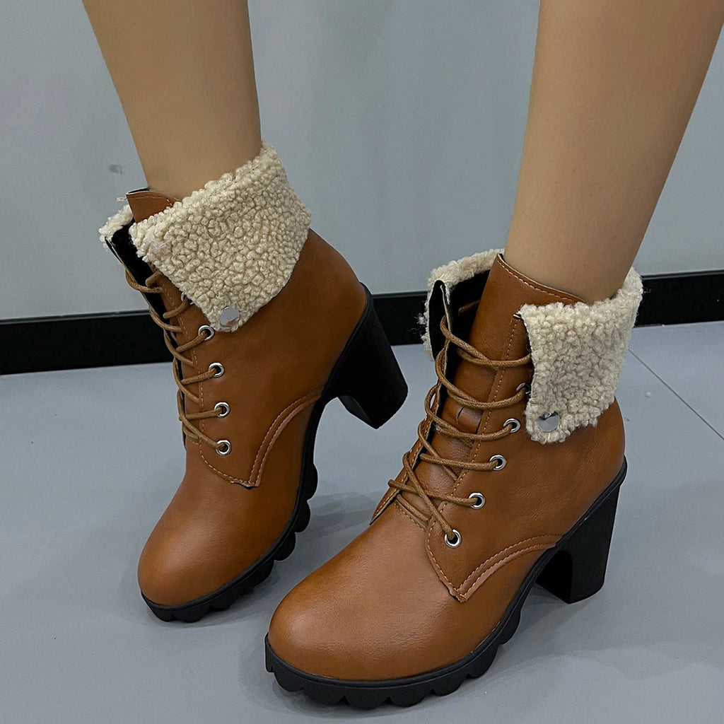 Women Ankle Boots Outdoor Fashion Anti-slip Boots Autumn Winter High Quality Boots 2025 New Lace-up High Heels Shoes for Women Zpaxo Brown 40