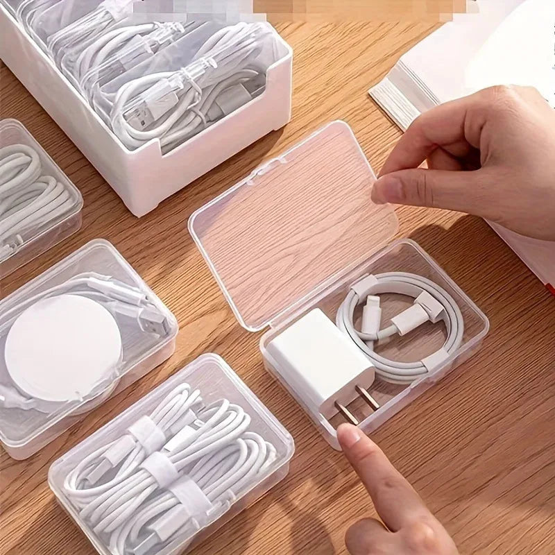 Clear Data Cable Storage Box Durable Messy-Free Cable Organizer Box Plastic Reusable Desktop Cable Organizer For Office Supplies Zpaxo