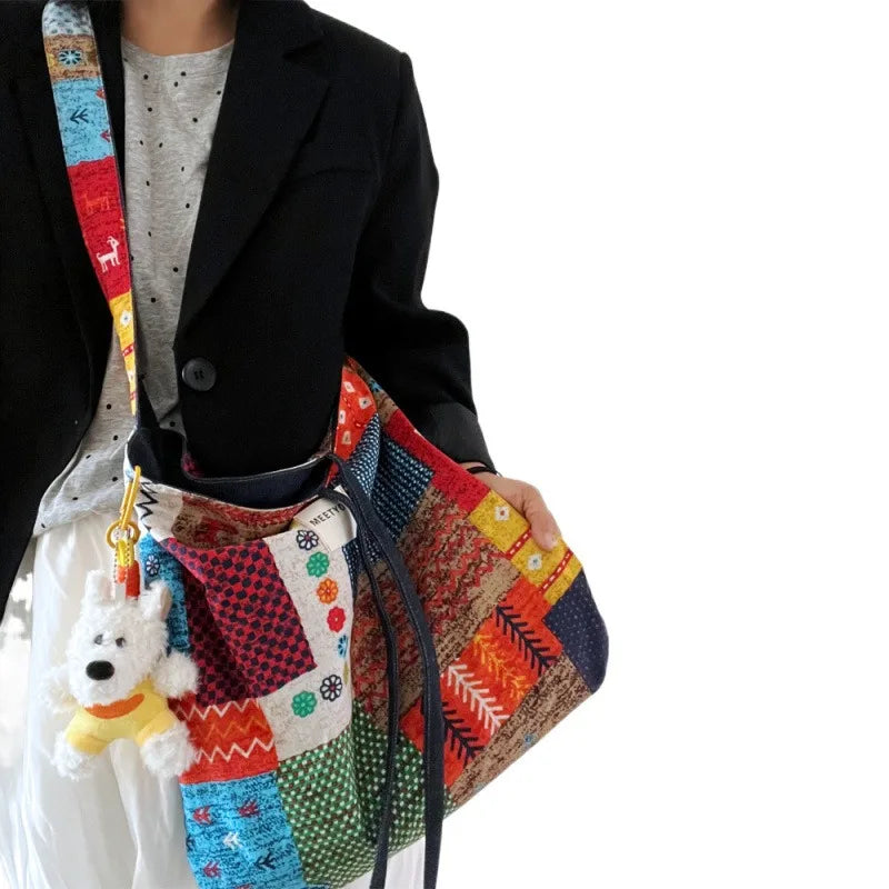 Double-sided Bag Bohemian Denim Canvas Bag Versatile Commuter Tote Bag Available on Both Sides Retro Contrasting Messenger Bag Zpaxo