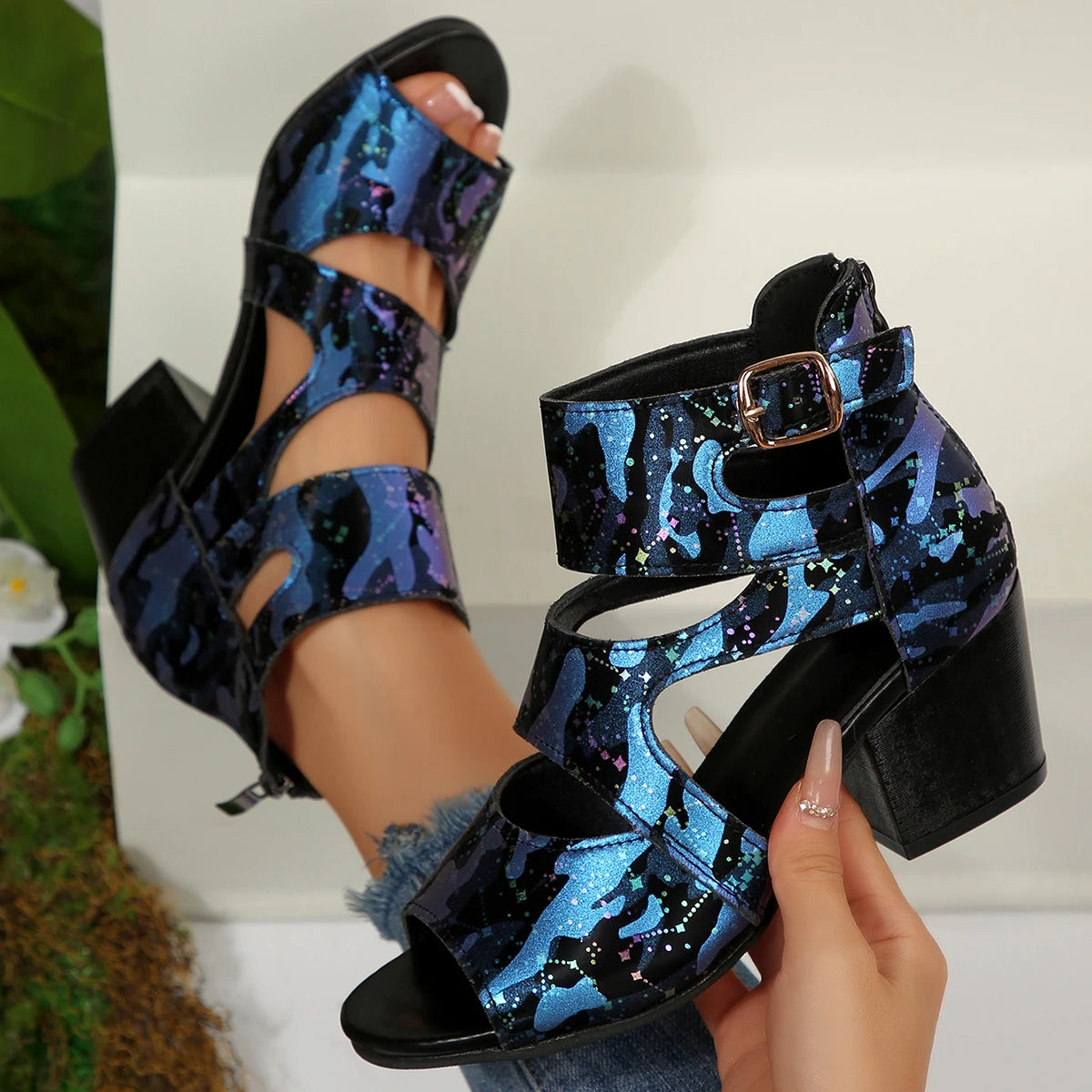 Women Sandals 2025 Sexy Shoes Designer Cross Strap Colorful Pattern Zpaxo Blue 43