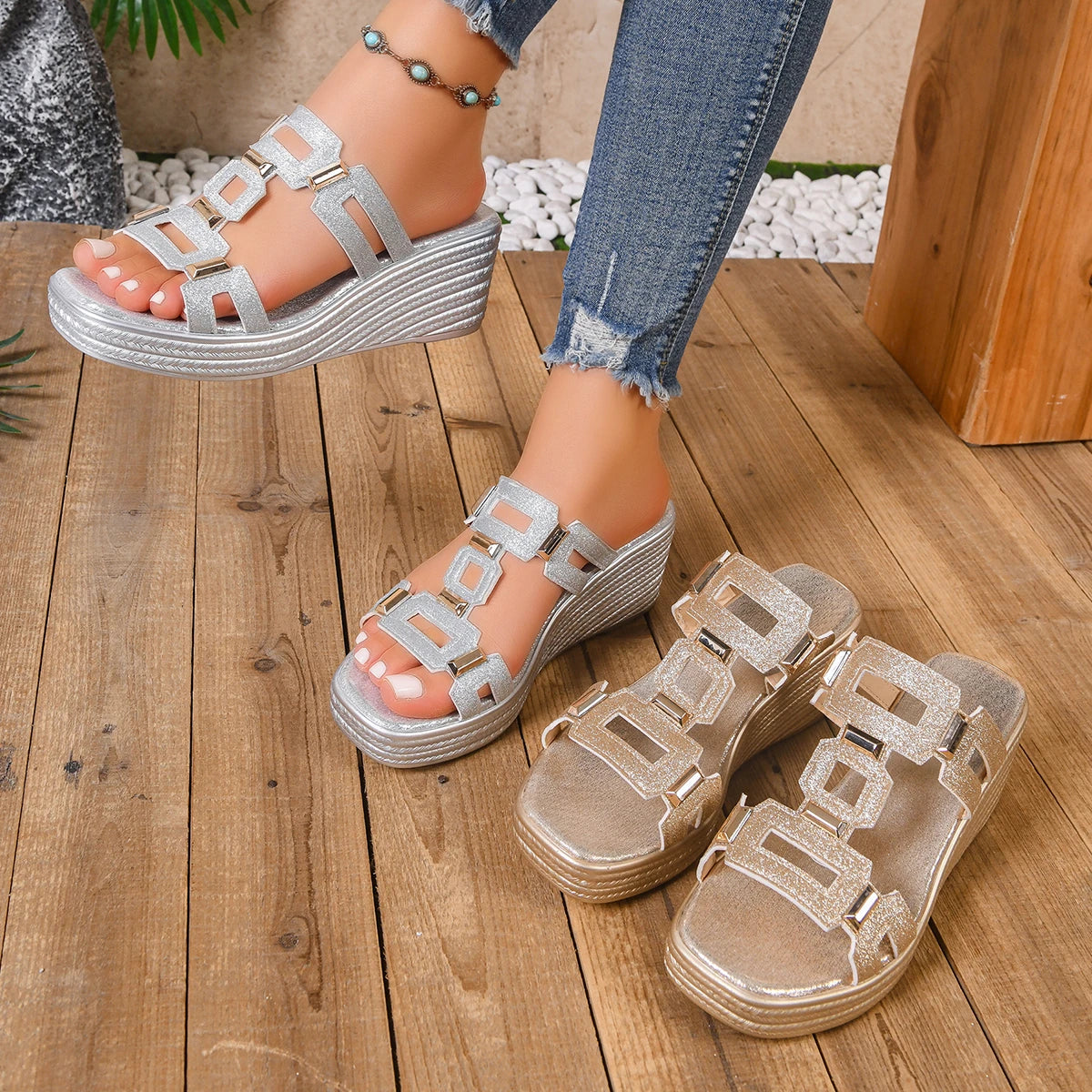 2026 New Women Sandals Glitter Wedge Shoes for Women Metallic Square Chain Strap Shoes Chunky Heel Summer Dressy Sandals Women Zpaxo