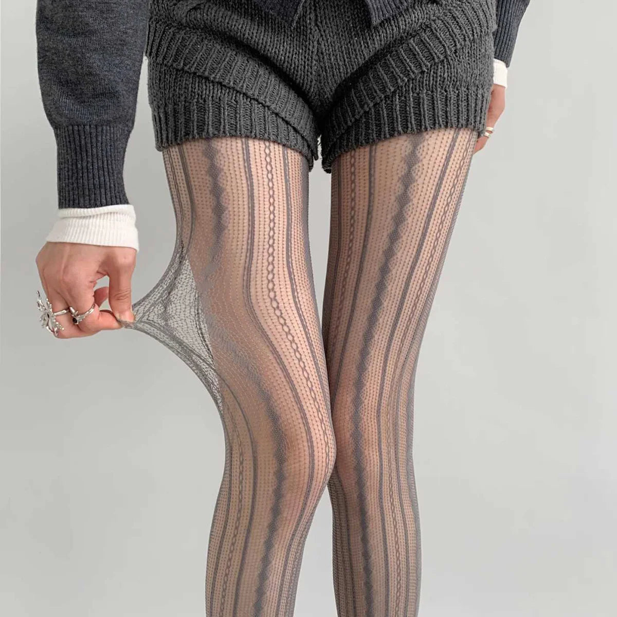 Lolita Stockings Womens Fishnet Tights Sexy Geometric Striped Zpaxo gray One Size