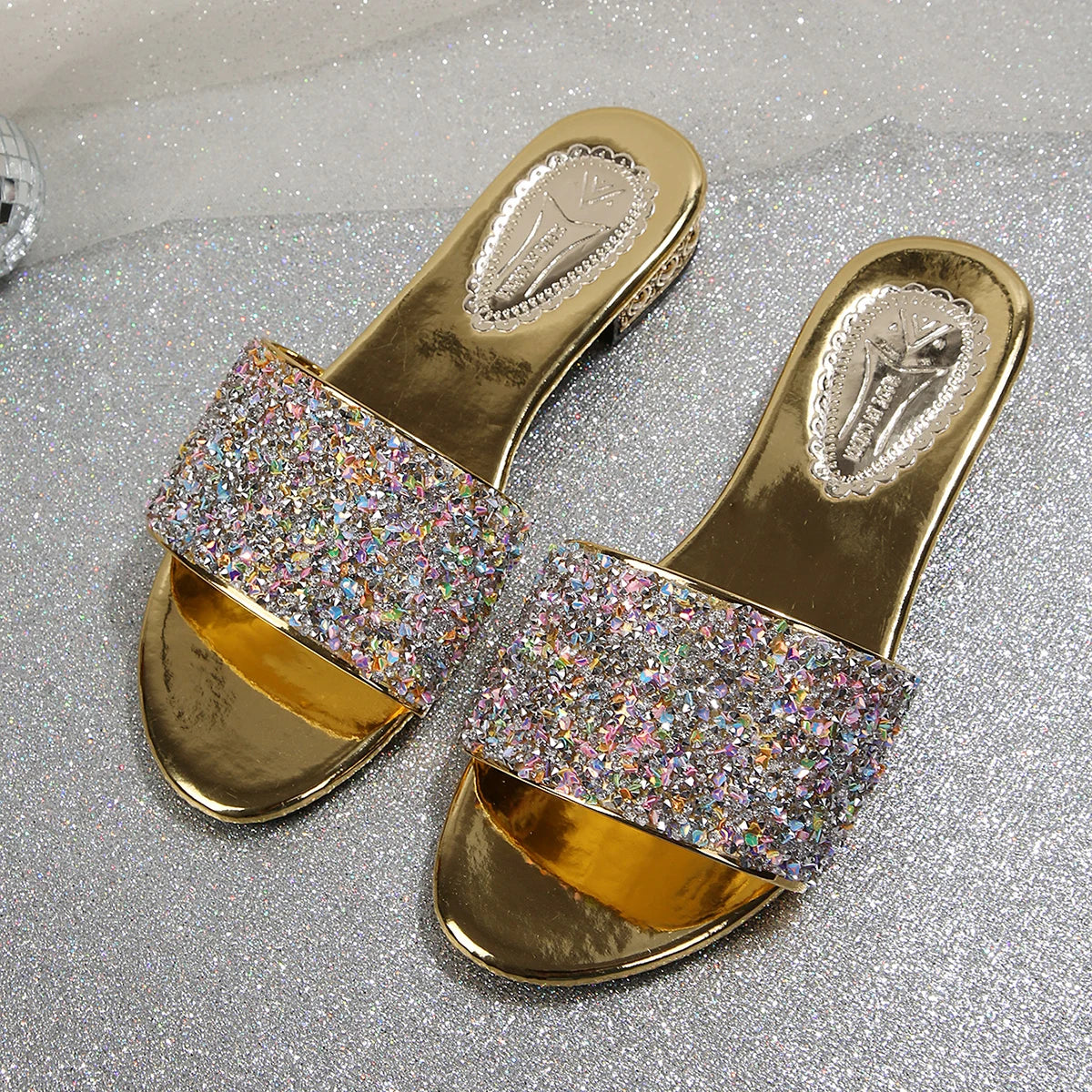 Women Slippers Luxury Designer Shiny Fashion Slippers Outdoor Slides Women Summer Bling Open Toe Shoes Glitter High Heel Sandals Zpaxo