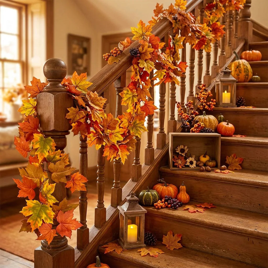 Artificial Fall Wreath Front Door Pumpkins Oeange Maple Leaves Autumn Zpaxo