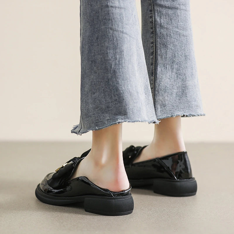 Women Platform Loafers Retro Black Leather Shoes Bow Decor Soft Sole Zpaxo