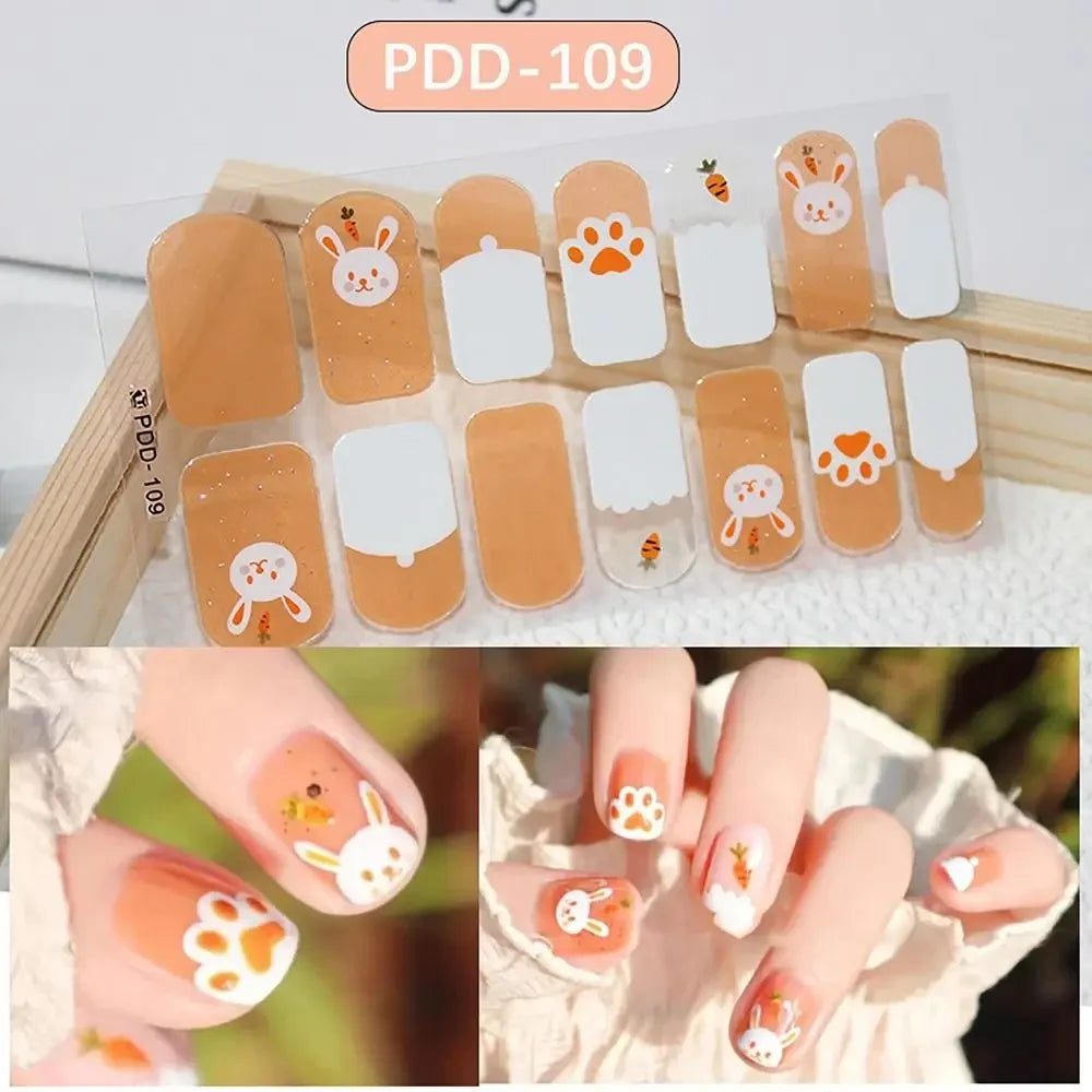 14Strips Gel Nail Stickers Full Cover Floristic Art Semi Cured Polish