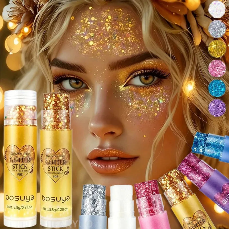 Sparkling Sequins Glitter Gel Stick High Gloss Shine Gold Pearl Eye Shadow Glitter Face Body Painting Makeup for Christmas Party Zpaxo