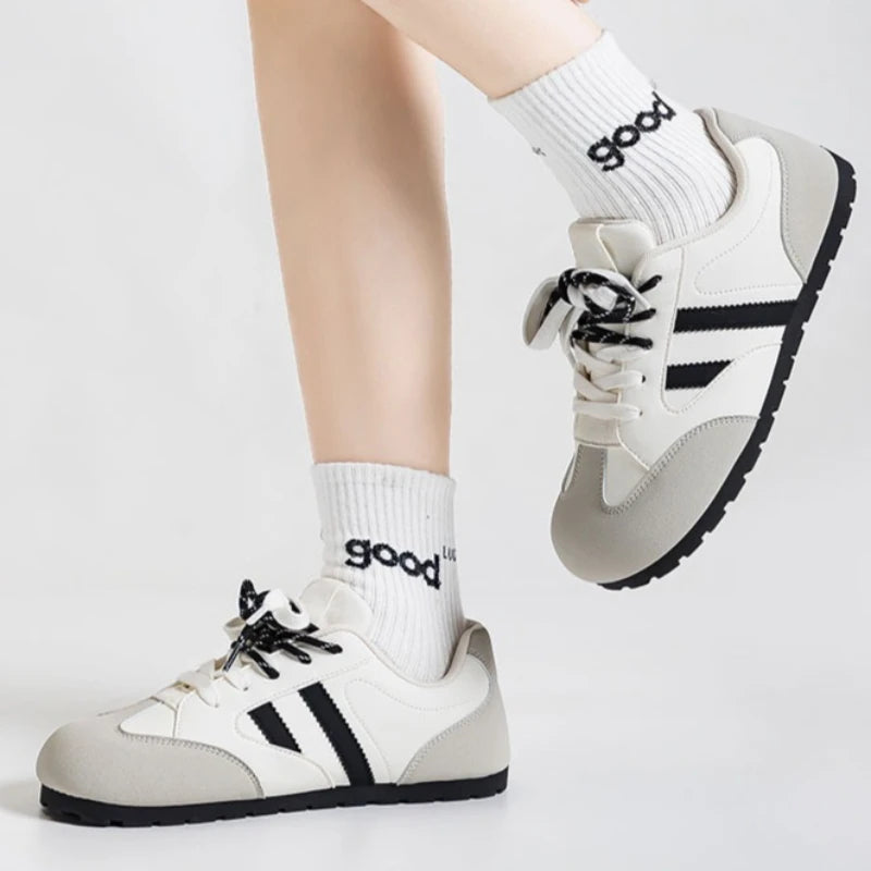 Spring Autumn Women's Round Toe Stripe Embellishment Double Tie Zpaxo
