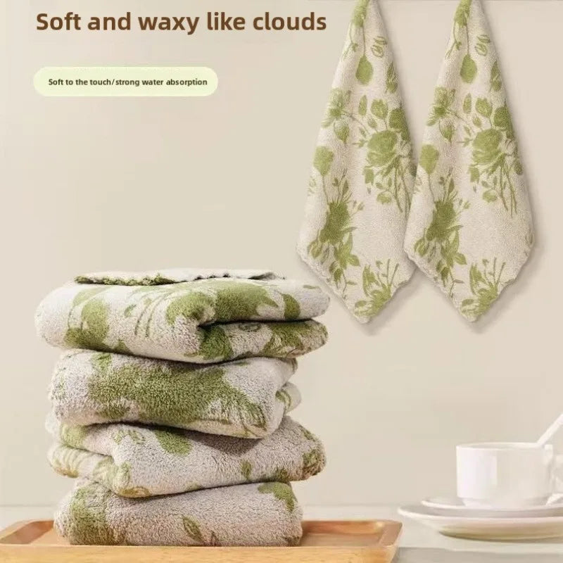 Coral Kitchen Dish Cloths Soft Thick Reusable Green Rose Pattern
