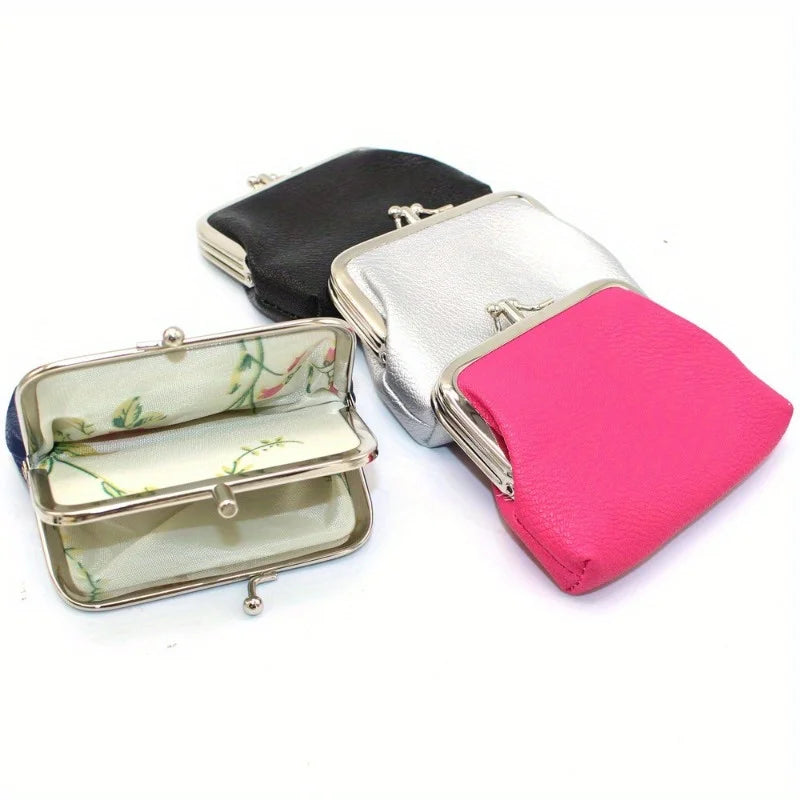 Cute Clip Lock Women's Coin Purse Retro Solid Color Bifold Kiss Lock Small Wallet Simple PU Leather Lipstick Portable Pocket Bag Zpaxo