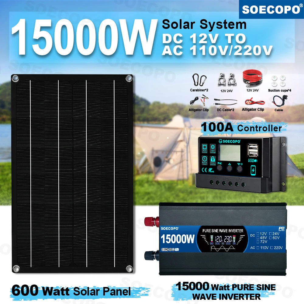 SOECOPO 7000W Solar System Kit for Home: 600W Panel, Pure Sine Wave Inverter 2 sockets 12V 110V/220V, 100A Controller Camping Zpaxo