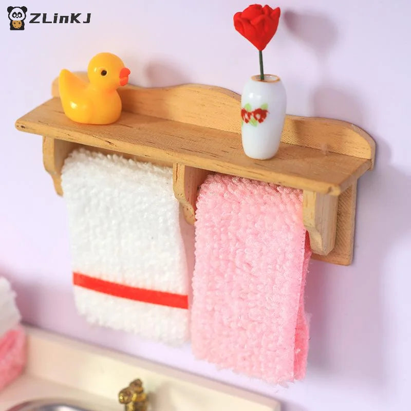 ▶1 Set 1/12 Dollhouse Towel Rack Doll Accessories Scene Model Toys Mini Cosmetics Shelf Miniature Wooden Furniture Bathroom Kit Zpaxo