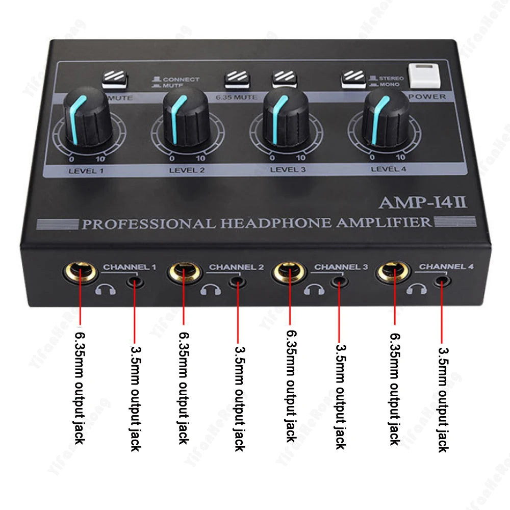 4 Channel Professional Headphone Amplifier Support Mono/Stereo Audio Amp with RCA & 3.5mm & 6.35mm Input for Studio and Stage Zpaxo