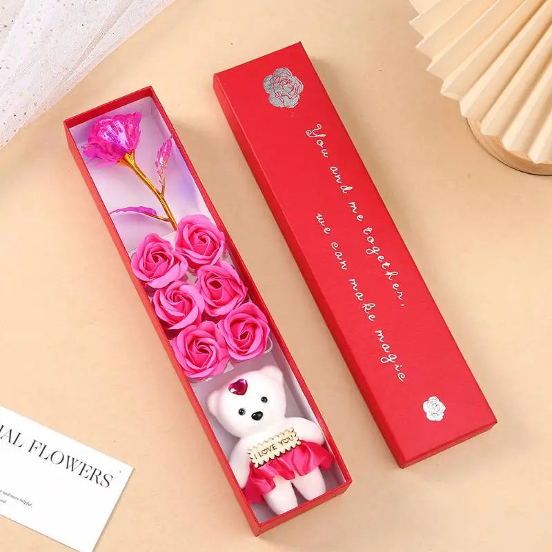 Plush Bear Artificial Flower Box Soap Rose Flowers Creative Romantic Zpaxo Rose red