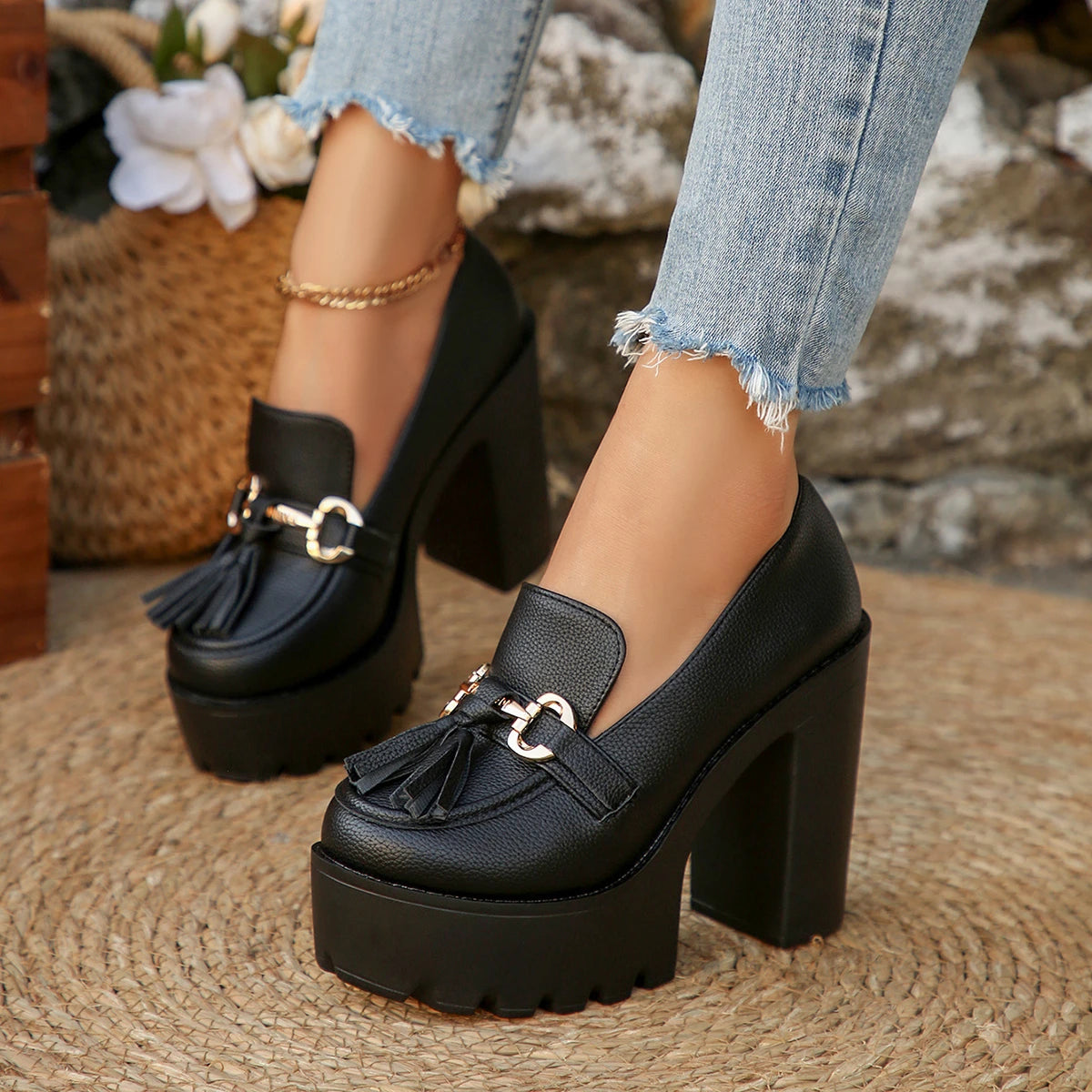 Heels Women Mary Jane Shoes Retro Bows Elegant Chunky Heel Wedding
