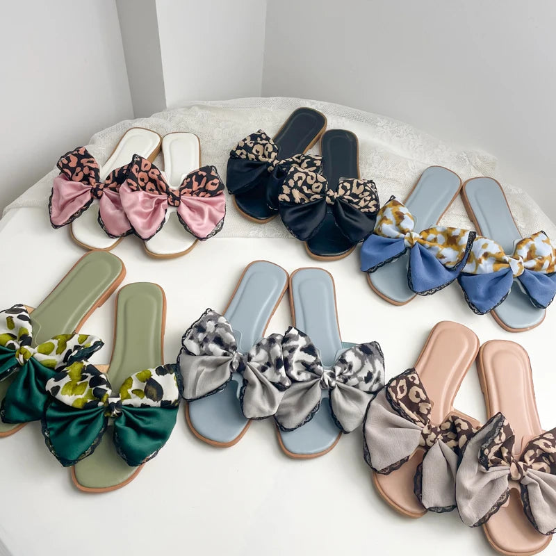 Slippers for Women 2025 Summer New Silk Bow Slippers Beach Shoes Vacation Flat Heel Sandals for Women Slippers Zpaxo