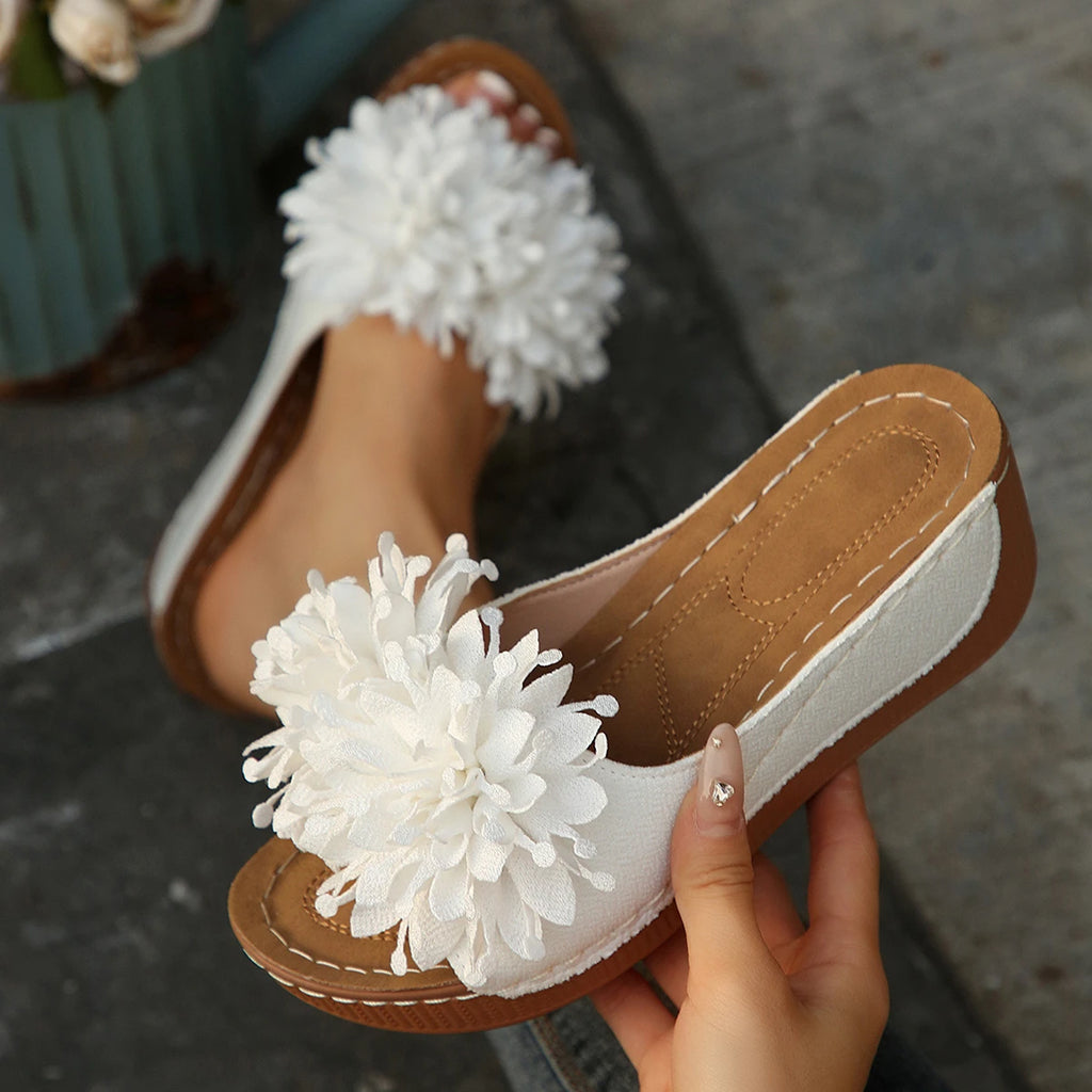 Women Wedges Slippers 2025 New Summer Sandals Slip on Fashion Woman Shoes Flower Platform Slippers Slides Women Zapatos De Mujer Zpaxo WHITE 38