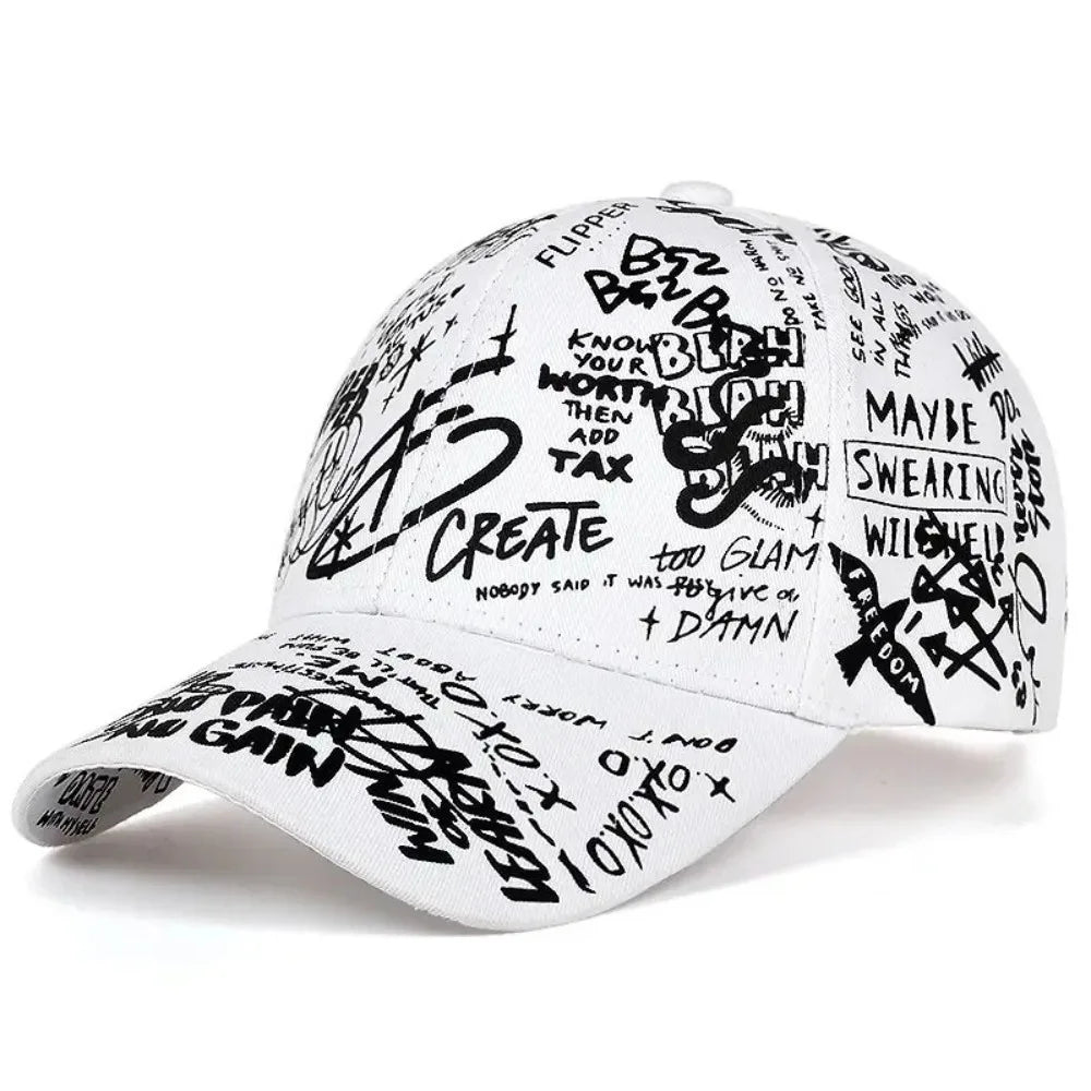 Quick Dry Baseball Caps UV Protection Letter Geometry Printing Snapback Hat Colorful Graffiti Print Hip Hop Sun Visor Cap Zpaxo White