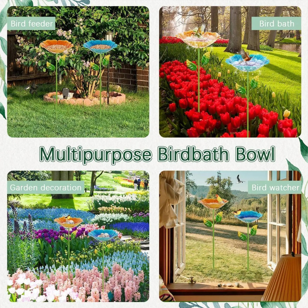Bird Bath Flower-shaped Colorful Metal Stakes Birdbath Outdoor Garden