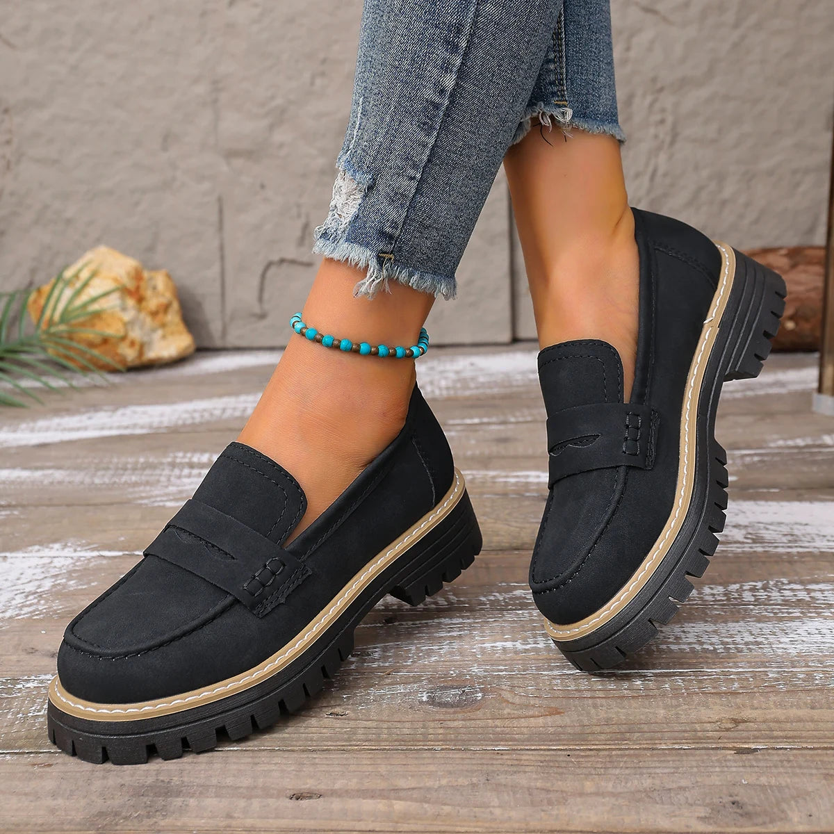Women Outdoor Platform Loafers Thick Heel Slip on Shoes Spring Autumn British Style Shoes Woman Comfortable Flats Sneakers Women Zpaxo black 38