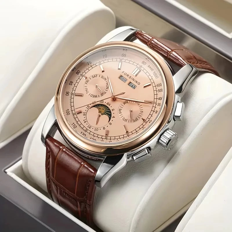 Forsining Retro Mechancial Watches Moon Phase Shanghai Movement Rose Gold Case Brown Leather Strap Luxury Automatic Mens Watch Zpaxo